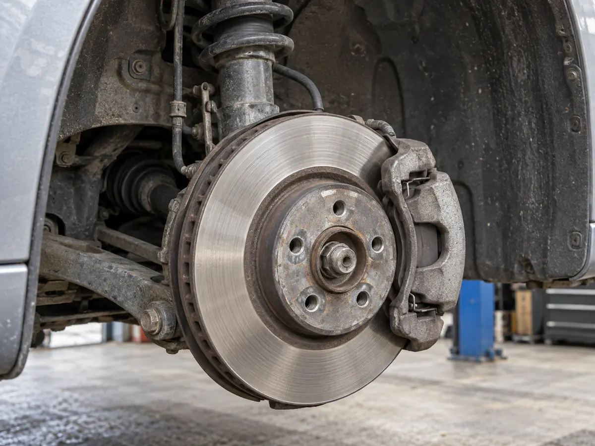 Brake disc and caliper with the wheel removed and suspension strut visible behind