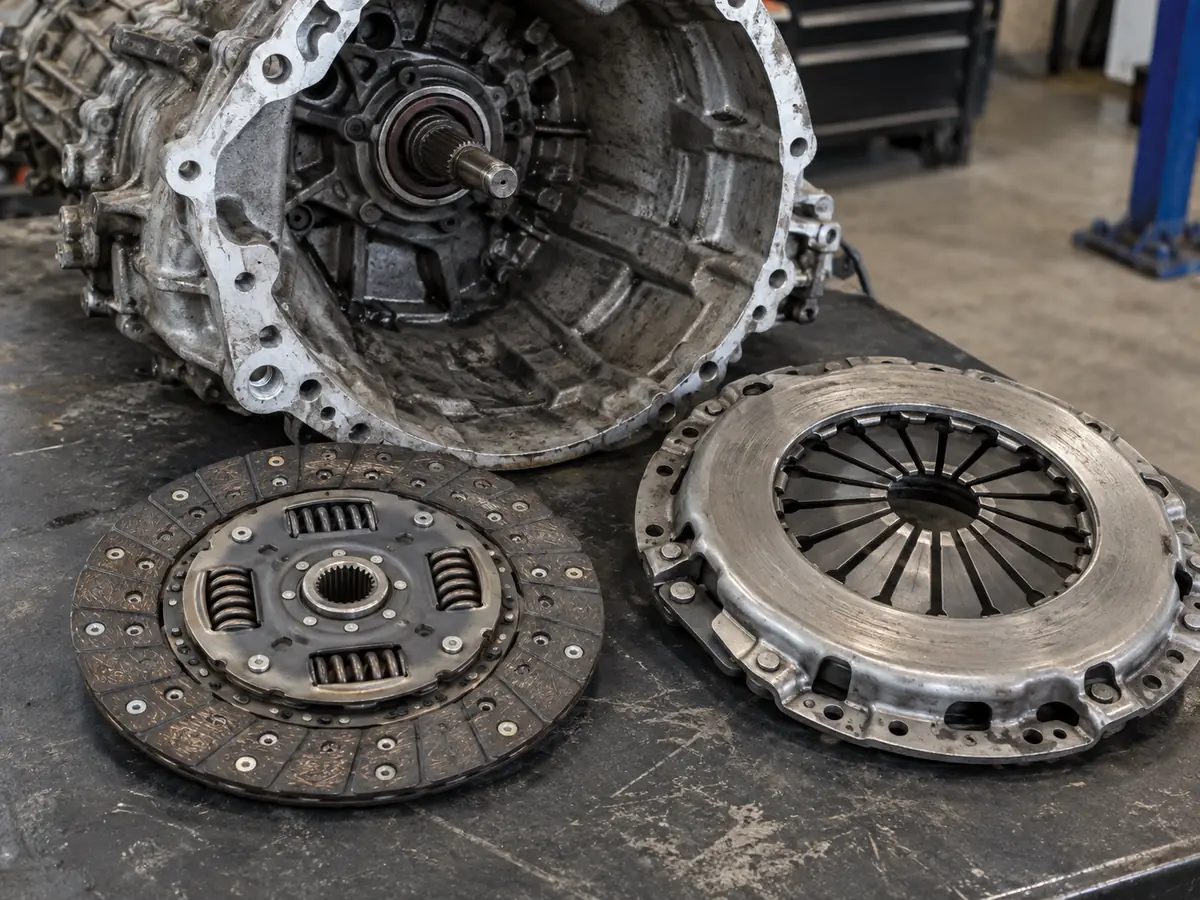Clutch friction disc and pressure plate beside a gearbox bellhousing