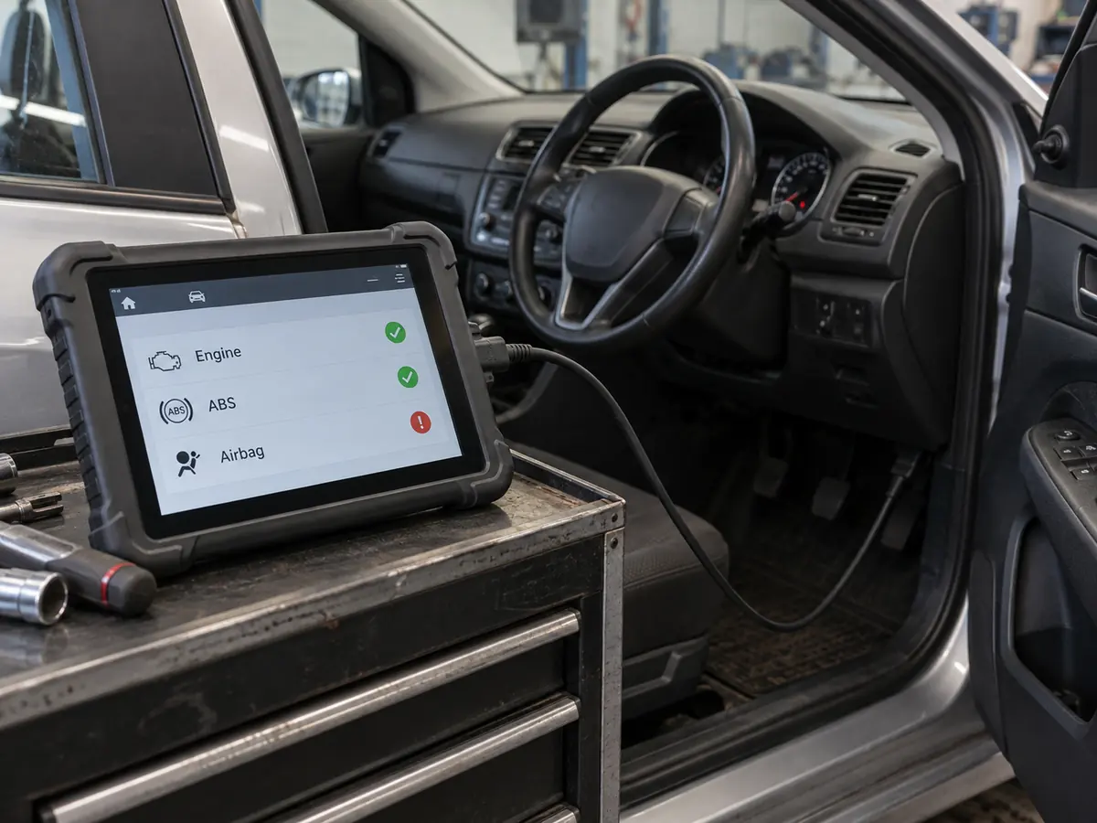 Diagnostic tablet showing a vehicle scan beside an open car door