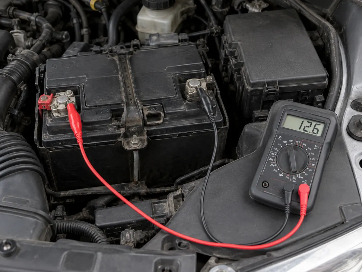Digital multimeter connected to a car battery for a voltage check