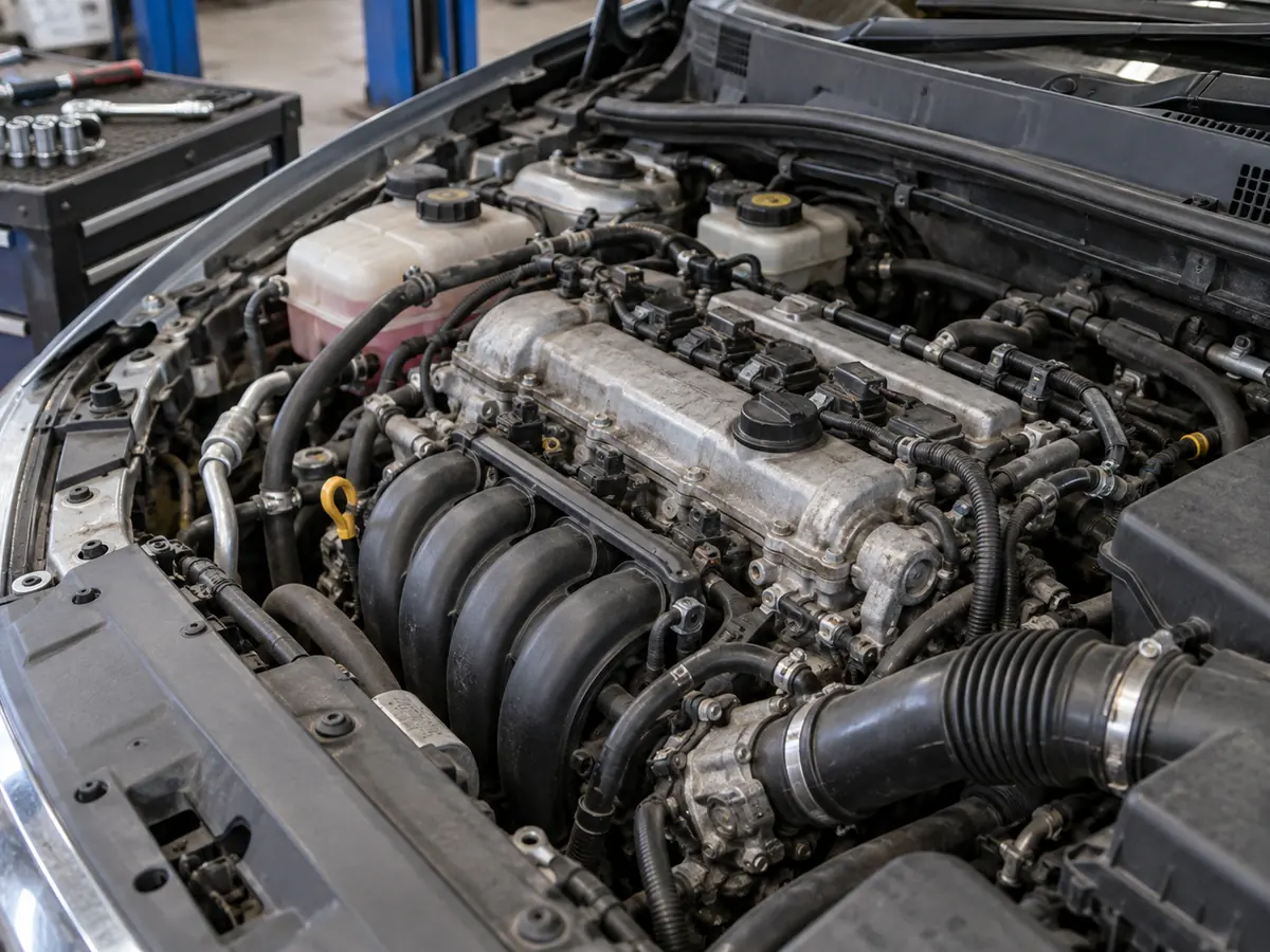 Engine bay with the cylinder head, intake hoses and ignition coils visible