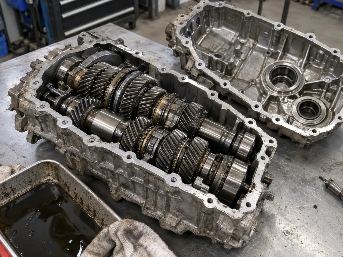 Opened manual gearbox with gear shafts visible on a workbench