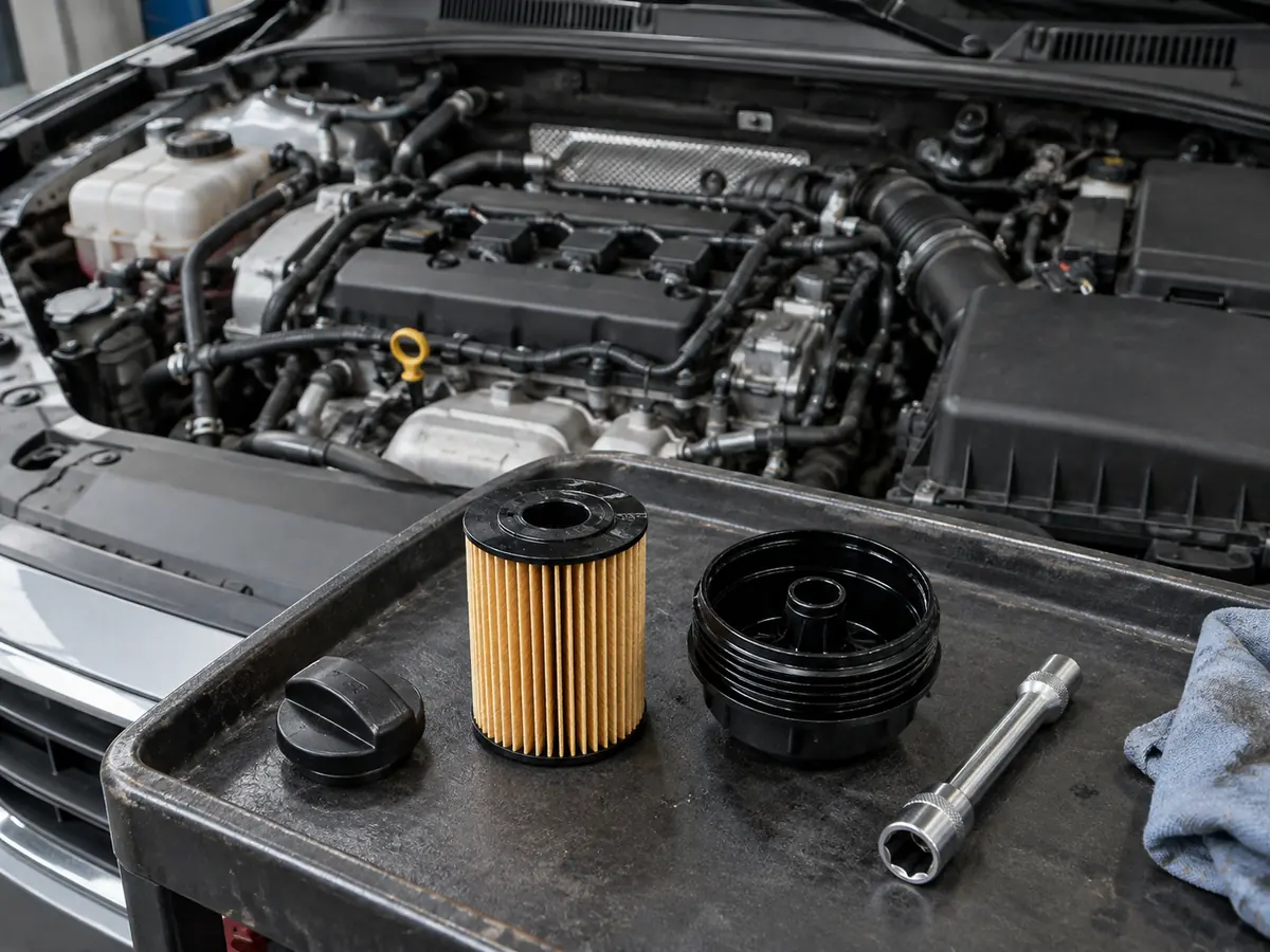 Oil filter, housing cap and socket tool on a service tray beside an open engine bay