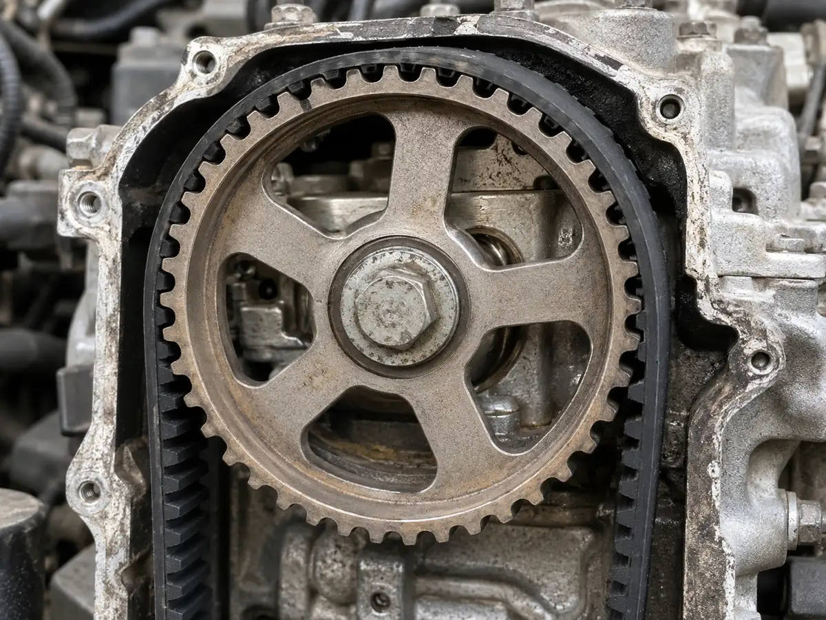 Timing belt seated around a camshaft pulley with the protective cover removed